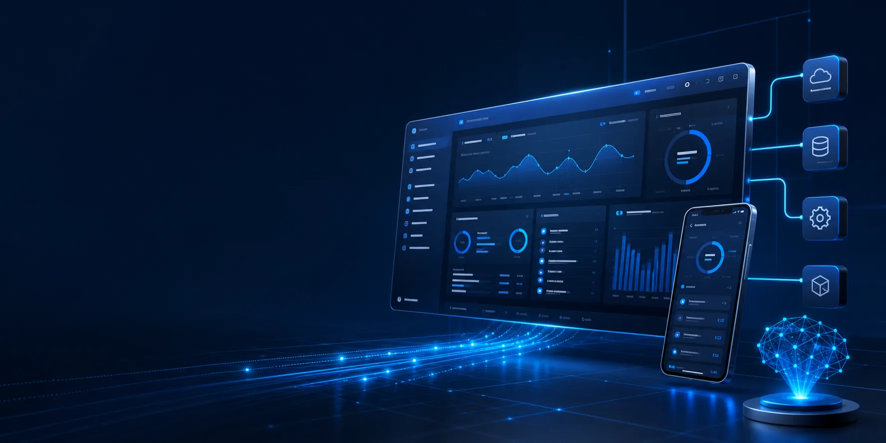 Ecossistema de software com dashboard, aplicativo móvel, integrações e inteligência artificial